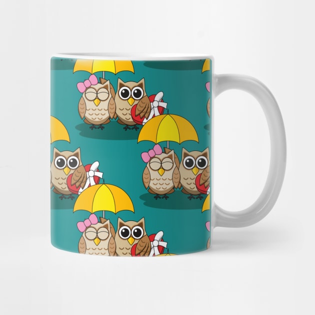 Cute Owl Lovers with Umbrella and Red Chocolate Box Pattern by BirdAtWork